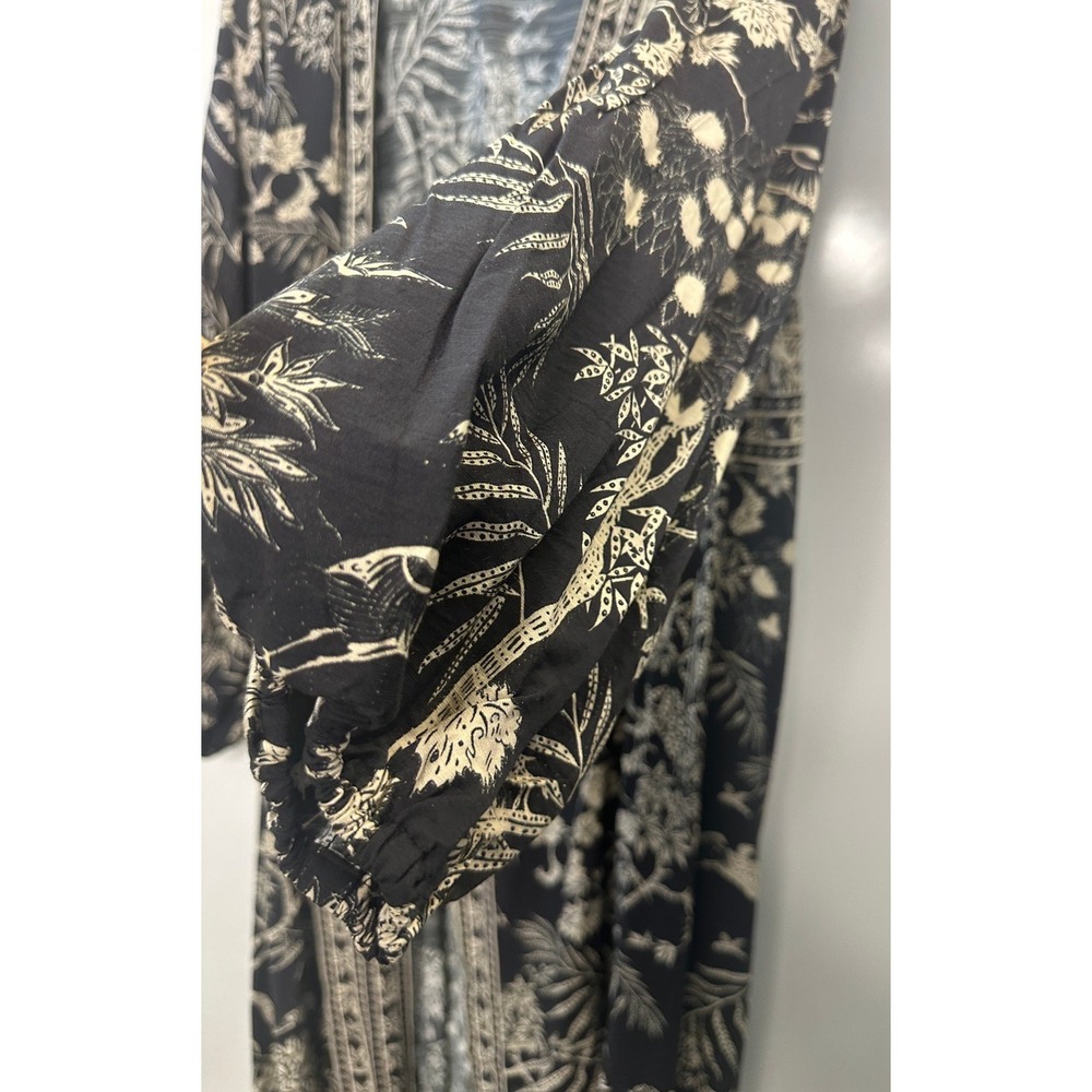NWT H&M Long Sleeved Wrap Dress Tie Waist Black Cream Floral Print Midi Maxi XL - Picture 7 of 12